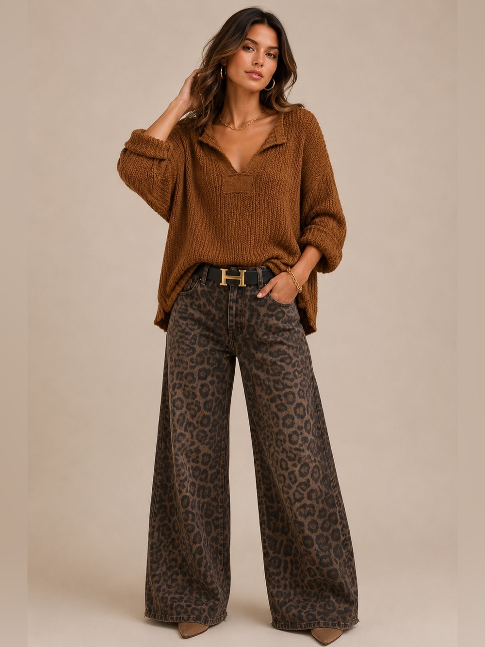 Miracle Camel Textured Knit V-Neck Oversized Sweater Top - Picture 2 of 2